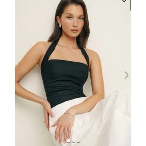 Reformation Top Womens 2 Malika Linen Halter Crop Tank Strap Bow Minimalist Chic